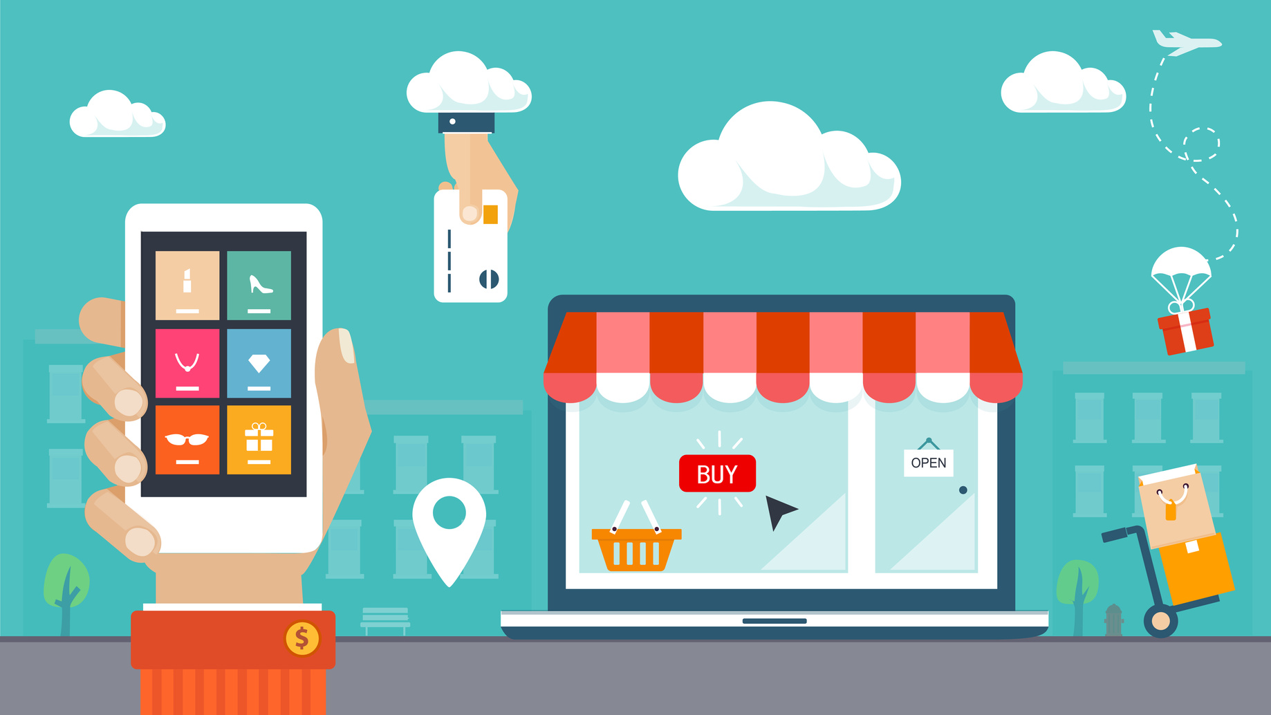 Flat design vector illustration. E-commerce, shopping & delivery